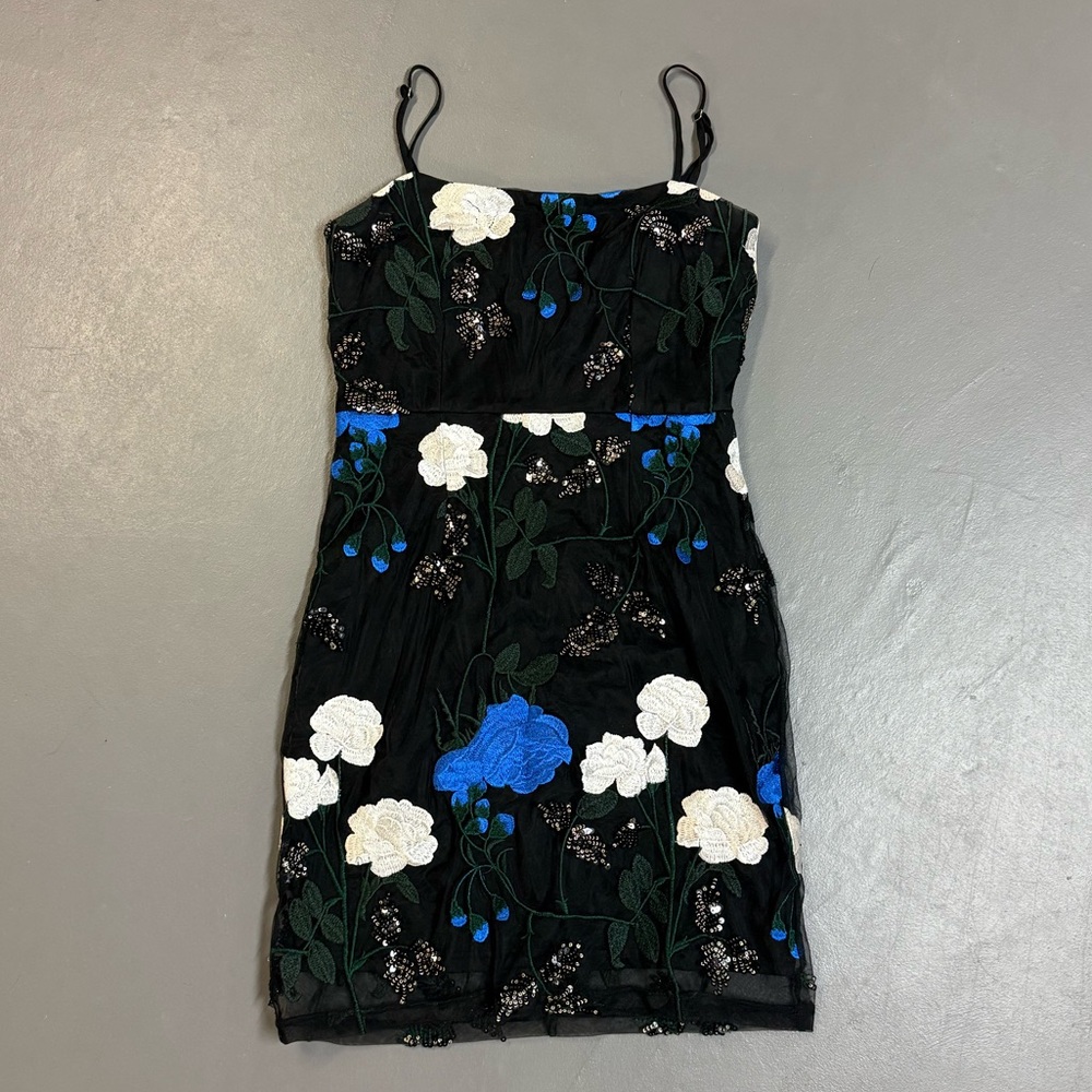 Lulu's Black Dress with Blue and White Floral Embroidery